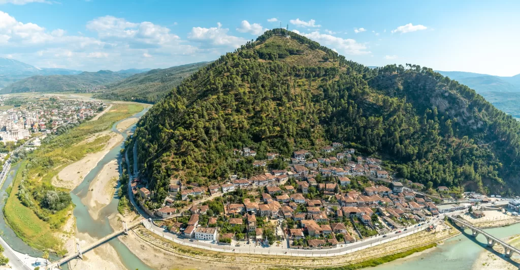Aerial panorama of the historic city of Berat in Albania, the city of a thousand windows
