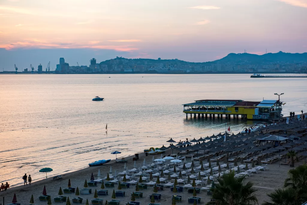 Beach at sunset, Durres (aka Epidamnos and Dyrrachium), Adriatic Coast, Albania, Europe