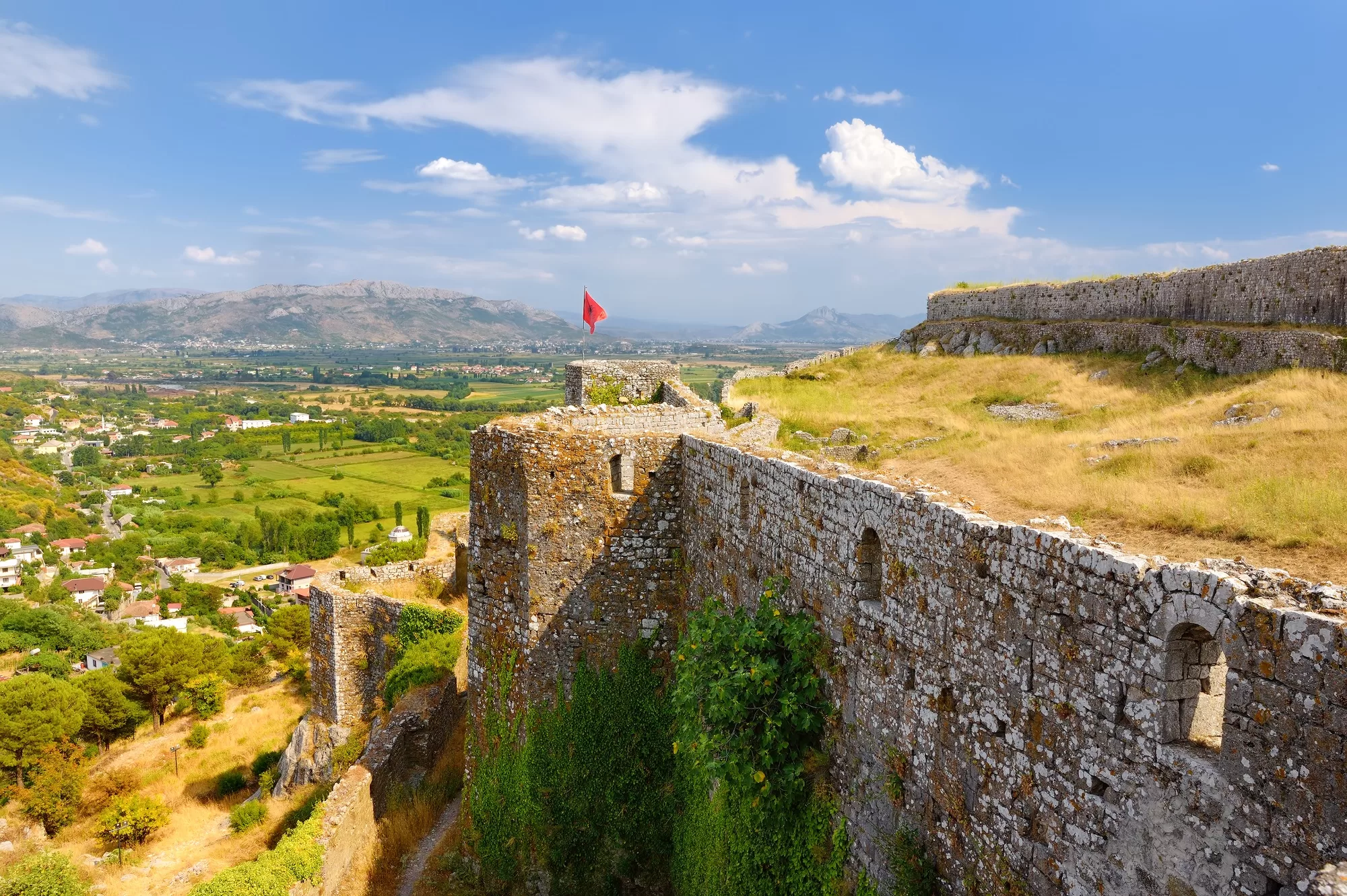 Fortress Rozafa near Shkodra city on the background of beautiful valley among mountains