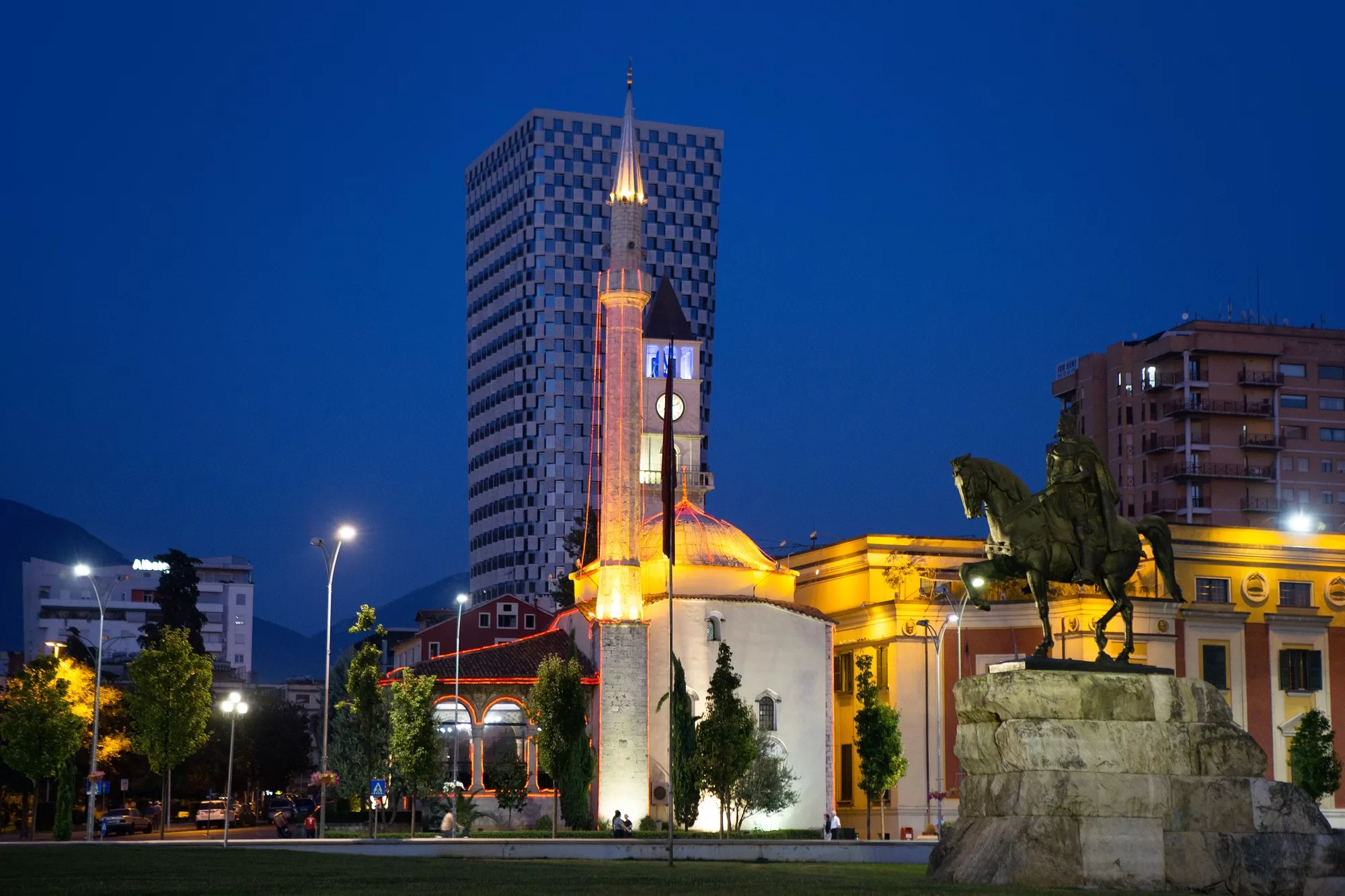 Illuminated Skanderbeg Square at Tirana, Albania at night
